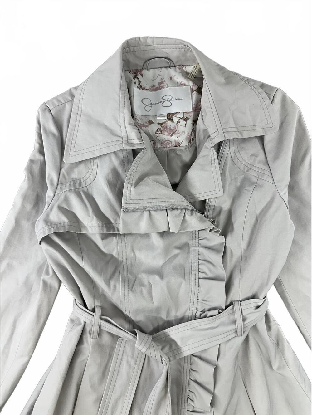 Jessica Simpson Light Beige/Grey Ruffle Trim Trench Coat - Picture 4 of 7